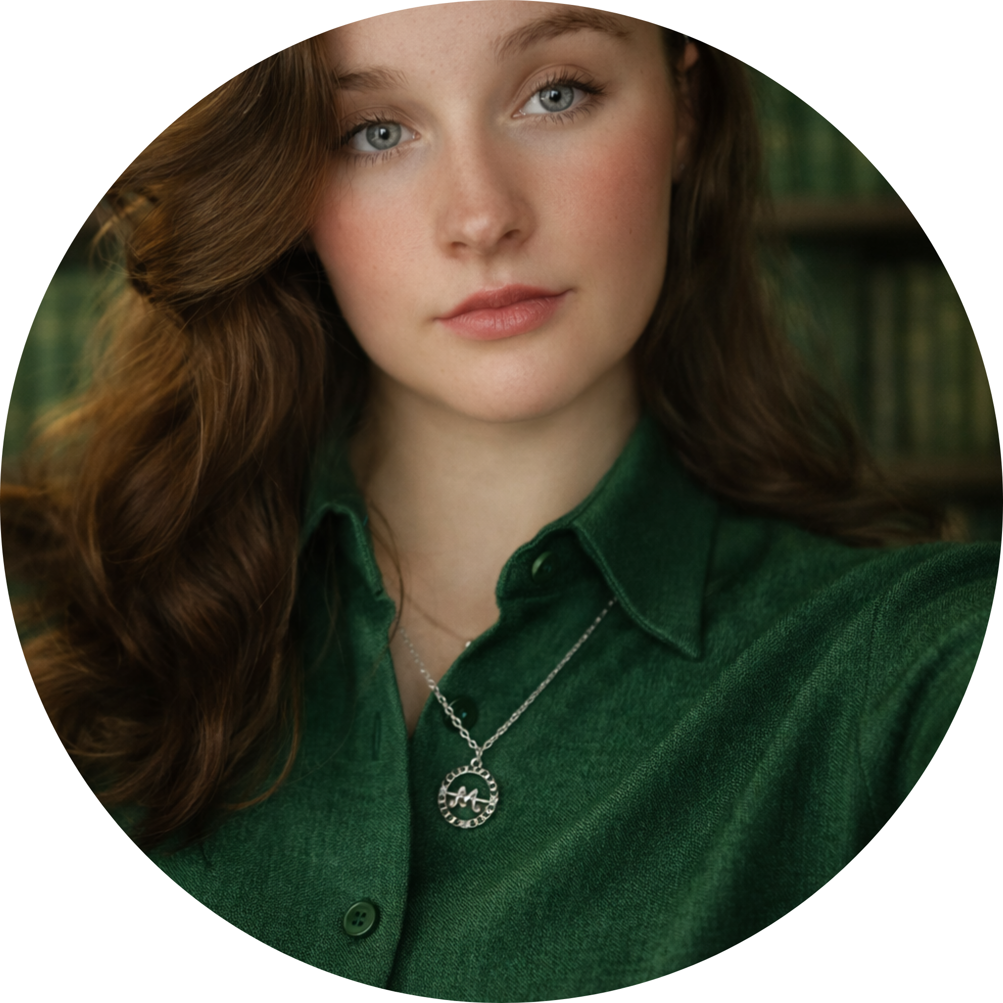 Portrait d’une jeune femme aux cheveux roux portant une chemise verte et un collier argenté avec pendentif, regardant la caméra