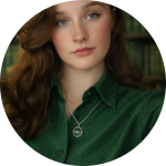 Portrait-Elizabeth-Girard Portrait d’une jeune femme aux cheveux roux portant une chemise verte et un collier argenté avec pendentif, regardant la caméra